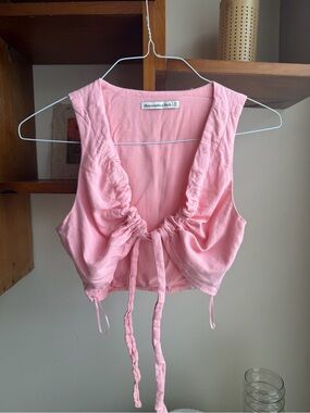 A&F Linen Tie Front Crop Top (Light Pink | XS)